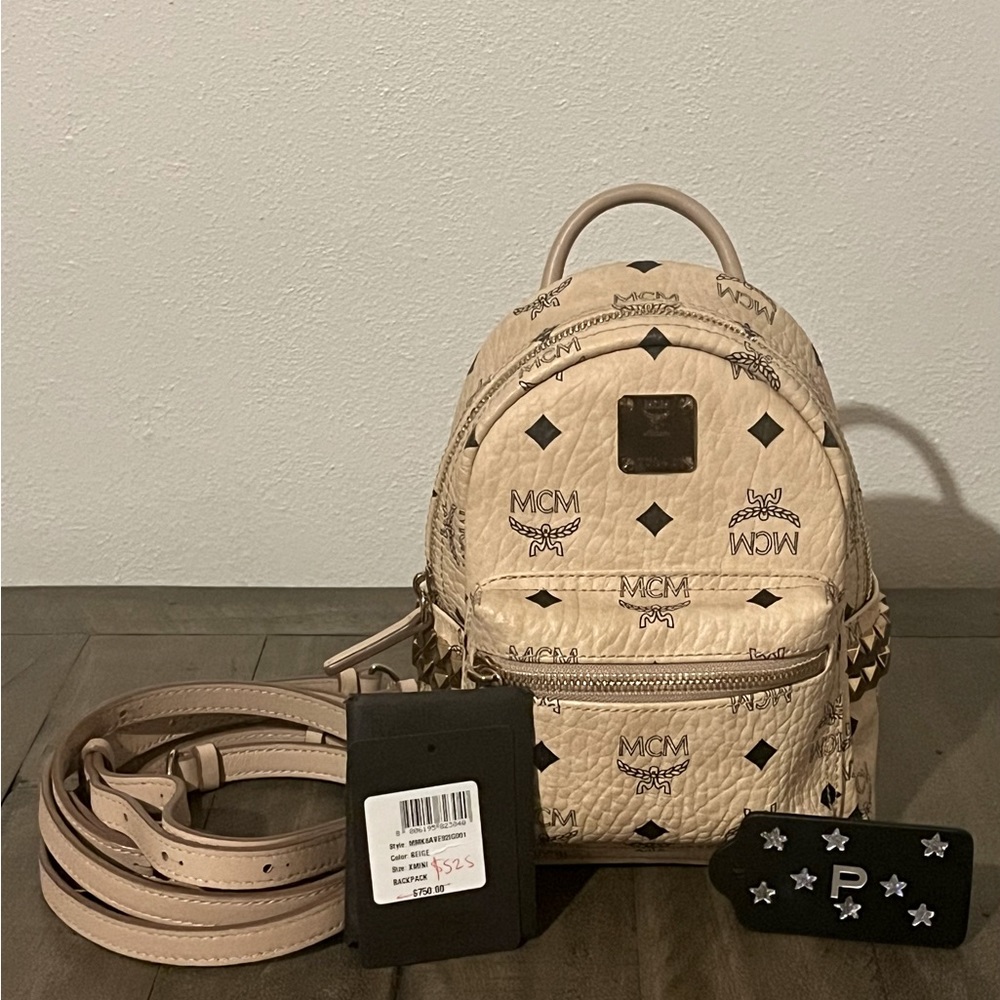 MCM Stark Bebe Boo Side Studs Backpack in Visetos Beige